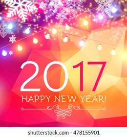 Happy New 2017 Year. Seasons Greetings. Snowflakes ans Light Garlands. Colorful Winter Background. Vector illustration