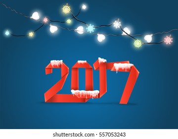Happy New 2017 year. Silk decorative ribbon origami style and lighting garland 