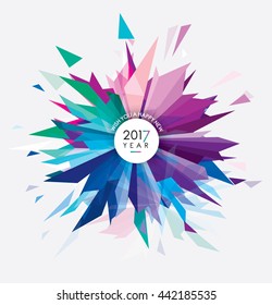 Happy New 2017 year vector illustration with colorful abstract geometric shape forming a glass fireworks burst made of sharp triangles