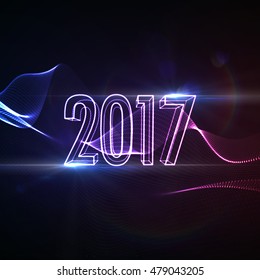 Happy New 2017 Year. Vector holiday illustration of glowing neon 2017 sign with shiny abstract energy wave
