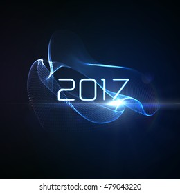 Happy New 2017 Year. Vector holiday illustration of glowing neon 2017 sign with shiny abstract 3D shape