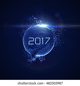 Happy New 2017 Year. Vector holiday illustration of glowing neon 2017 sign with shiny abstract distorted sphere and optical light effect with particles