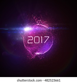 Happy New 2017 Year. Vector holiday illustration of glowing neon 2017 sign with shiny abstract distorted sphere and optical light effect with particles