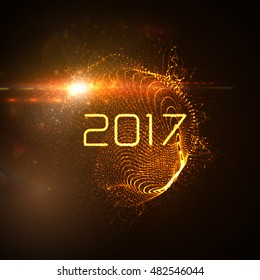 Happy New 2017 Year. Vector holiday illustration of glowing neon 2017 sign with shiny abstract distorted sphere and optical light effect with particles