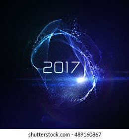 Happy New 2017 Year. Vector holiday illustration of glowing neon 2017 sign with shiny abstract distorted 3d shape of particles, wireframe and optical light effect