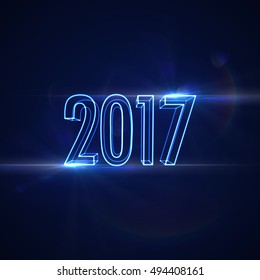 Happy New 2017 Year. Vector holiday illustration of glowing neon 2017 sign with lens flare light effect and particles