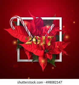 Happy New 2017 Year. Vector Holiday Illustration With Golden 2017 Label with Christmas Candy Cane, Sparkles and Poinsettia Flowers. Happy New 2017 Year Holiday Poster