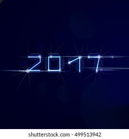 Happy New 2017 Year. Vector holiday illustration of glowing neon 2017 sign with lens flare light effect and particles.