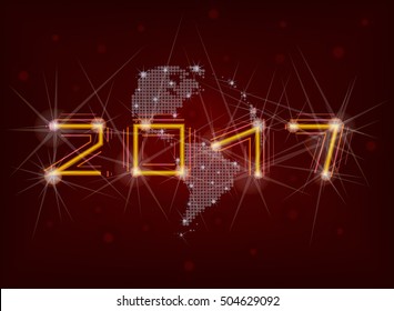 Happy New 2017 Year. Vector holiday illustration of glowing orange neon 2017 sign with lens flare light effect and abstract globe earth. Concept - the New Year on earth and timezone