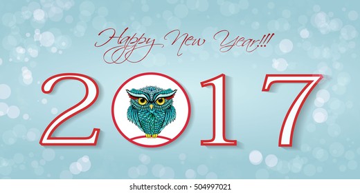 Happy New 2017 Year. Vector illustration with owl.