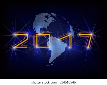 Happy New 2017 Year. Vector holiday illustration of glowing orange neon 2017 sign with lens flare light effect. Concept of the new year on planet earth