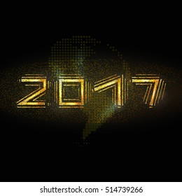  Happy New 2017 Year. Vector holiday illustration of glowing gold 2017 sign with lens flare light effect and the silhouette of earth globe. Vector holiday illustration of shiny 2017 sign label. 