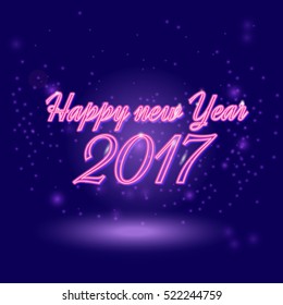 Happy New 2017 Year. Vector holiday illustration of glowing neon 2017 sign with shiny abstract energy sparkle light effect. Happy new year neon lettering greeting shine card