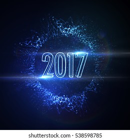 Happy New 2017 Year. Vector holiday illustration of glowing neon 2017 sign with shiny abstract splash of particles, wireframe and optical light effect