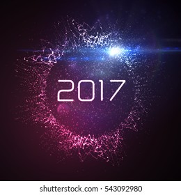 Happy New 2017 Year. Vector holiday illustration of glowing neon 2017 sign with shiny abstract splash of particles, wireframe and optical light effect