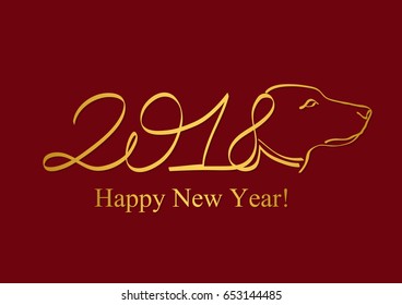 Happy New 2018 Year background in gold and red color with dog silhouette
