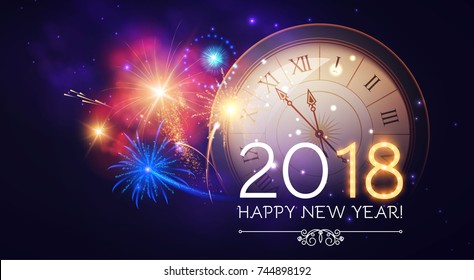 Alles Gute zum neuen Jahr 2018 mit Uhren und Feuerwerken. Vektorgrafik
