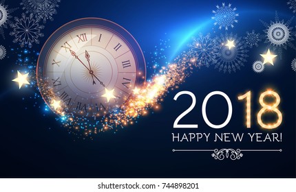 Happy New 2018 Year Background with Clock, Snowflakes, Stars and Bokeh Effect. Vector illustration