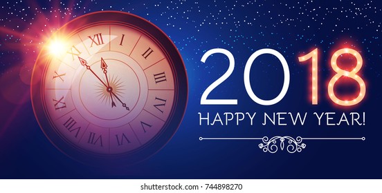 Happy New 2018 Year Background with Clock and Flash on Blue Background. Vector illustration
