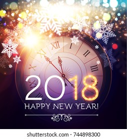 Happy New 2018 Year Background with Clock, Snowflakes and Bokeh Effect. Vector illustration