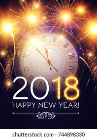 Happy New 2018 Year Background with Clock and Fireworks. Vector illustration