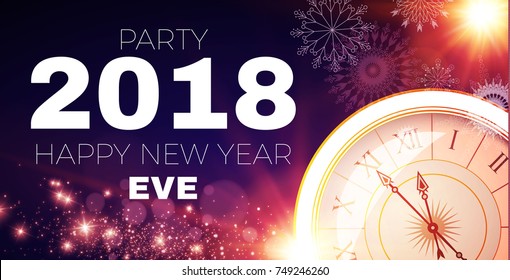 Happy New 2018 Year Background with Clock and Bokeh Effect. Vector illustration