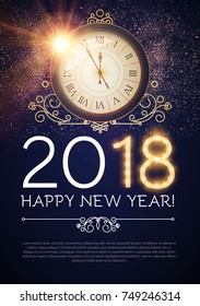 Happy New 2018 Year Background with Clock, Elegant Vintage Frame, Flash Light and Bokeh Effect. Vector illustration