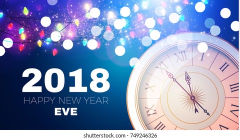Happy New 2018 Year Background with Clock and Bokeh Effect. Vector illustration
