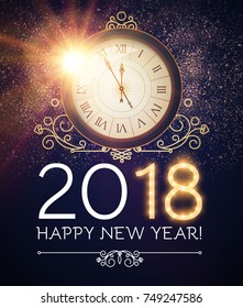 Happy New 2018 Year Background with Clock, Elegant Vintage Frame, Flash Light and Bokeh Effect. Vector illustration