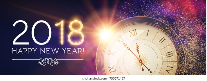 Happy New 2018 Year Background with Clock, Gold Texture, Pink Fog and Flash on Blue Background. Vector illustration