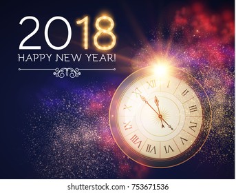 Feliz Nuevo 2018 año de fondo con reloj, textura de oro, niebla rosa y flash sobre fondo azul. Ilustración vectorial