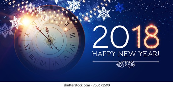 Happy New 2018 Year Background with Clock, Snowflakes and Bokeh Effect. Vector illustration