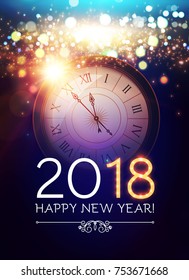 Happy New 2018 Year Background with Clock, Snowflakes, Stars and Bokeh Effect. Vector illustration
