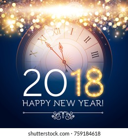 Happy New 2018 Year Background with Clock and Fireworks. Vector illustration
