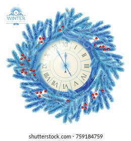 Happy New 2018 Year Background with Clock, Fir Tree Branches and Red Berries Isolated on White. Vector illustration