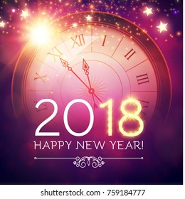 Happy New 2018 Year Background with Clock, Snowflakes and Bokeh Effect. Vector illustration