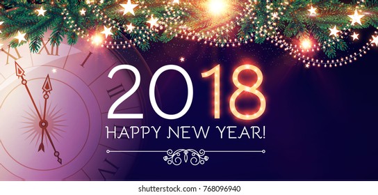 Happy New 2018 Year Background with Clock, Snowflakes, Fir Tree Branches, Light Garlands and Bokeh Effect. Vector illustration