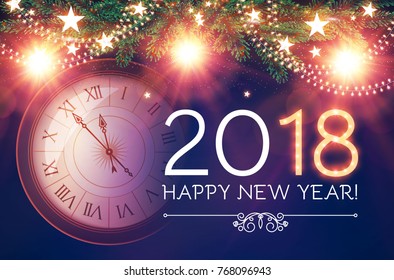 Happy New 2018 Year Background with Clock, Snowflakes, Fir Tree Branches, Light Garlands and Bokeh Effect. Vector illustration