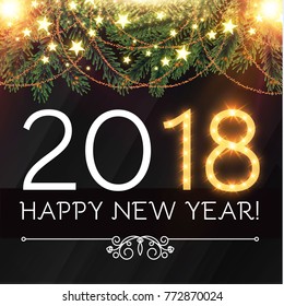 Happy New 2018 Year Background. Elegant Black and Gold Design with Green Fir Tree Branches. Shining Space with Vignette. Vector illustration