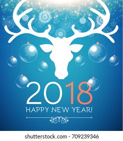 Happy New 2018 Year Card Template with Deer Head, Transparent Glass Toys and Shining Snowflakes on Blue Background. Vector illustration