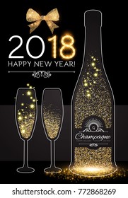 Happy New 2018 Year and Christmas Design Template with Champagne Glasses, Bottle of Wine, Gold Effects, Bow, and Flash light.