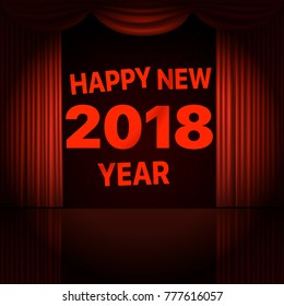 Happy new 2018 year concept. Stage curtains with spotlight vector illustration