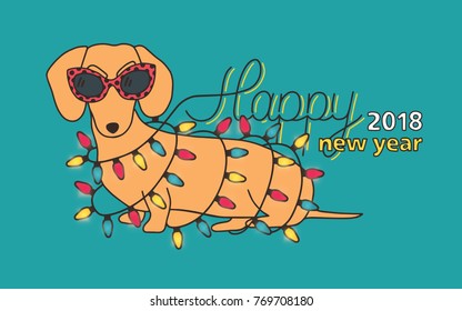 Happy new 2018 year festive banner template with funny dachshund wearing sunglasses and coiled with light garland. Yellow earth dog, symbol of Chinese zodiac. Colorful cartoon vector illustration.