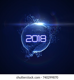 Feliz Ano Novo 2018. Esfera futurista de luz de néon brilhante com raios de luz estourando. Ilustração de feriado vetorial. Sinal festivo de festa de Ano Novo 2018. Elemento de decoração para design