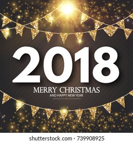 Happy New 2018 Year! Gold Shining Design with Garlands. Vector illustration