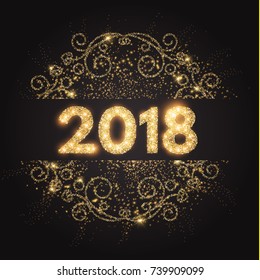 Happy New 2018 Year! Gold Shining Vintage Vignette Design. Vector illustration
