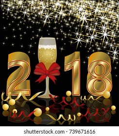 Happy New 2018 year golden postcard, vector illustration