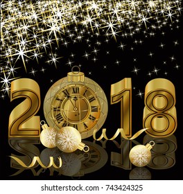Happy New 2018 year with golden clock banner, vector illustration