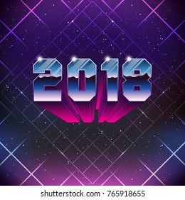 Happy New 2018 Year Greetings Card in 80s Retro Sci-Fi style. Vector futuristic synth retro wave illustration in 1980s posters style.