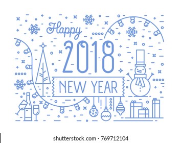 Happy New 2018 Year horizontal banner, greeting card or postcard template with holiday decorations drawn with blue contour lines on white background. Festive vector illustration in lineart style.